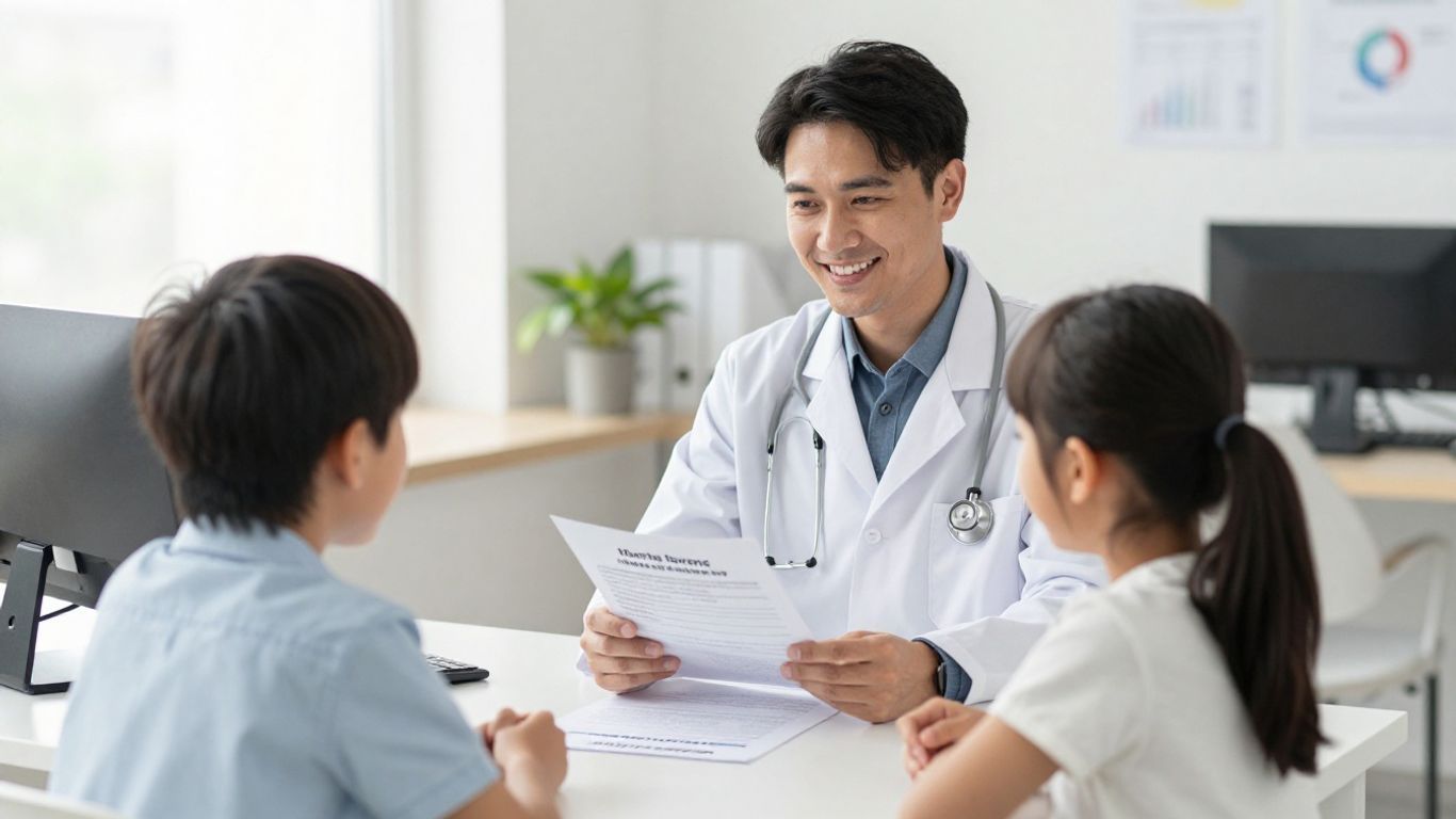 Health insurance broker advising family in office setting