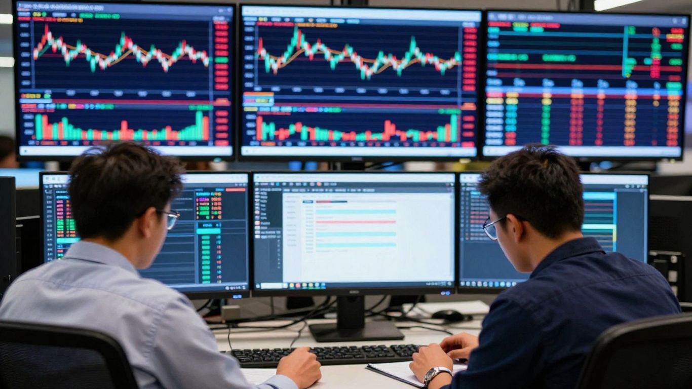 Day trading setup with multiple monitors and abstract financial data.