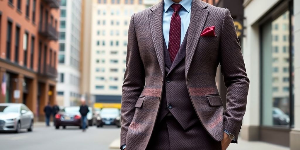 Man in tweed suit against an urban backdrop.