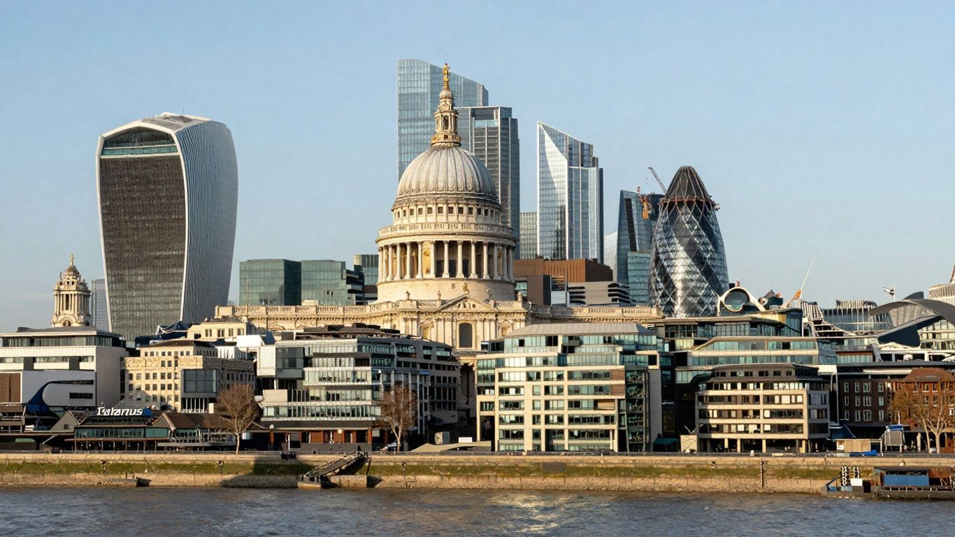 City of London skyline with St. Paul's Cathedral and skyscrapers.