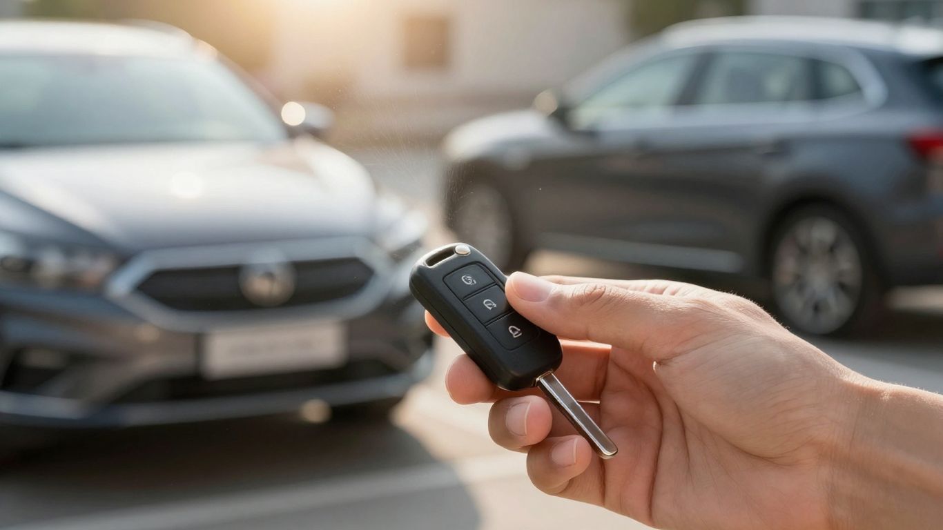 Person holding car key, considering car purchase