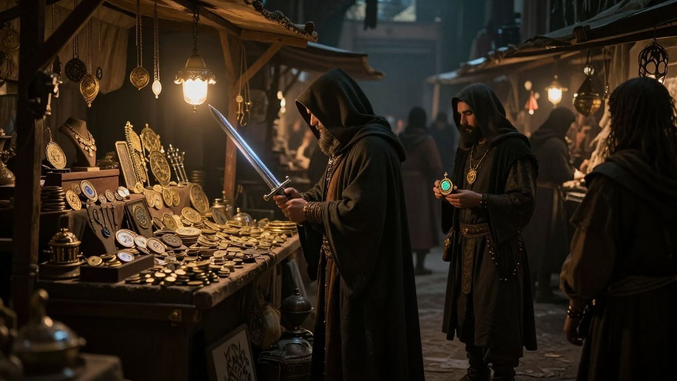 Diablo trading marketplace with gold and magical items.
