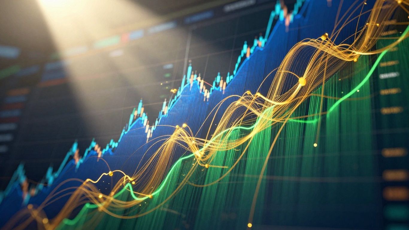 Person learning about options trading with abstract market visuals.