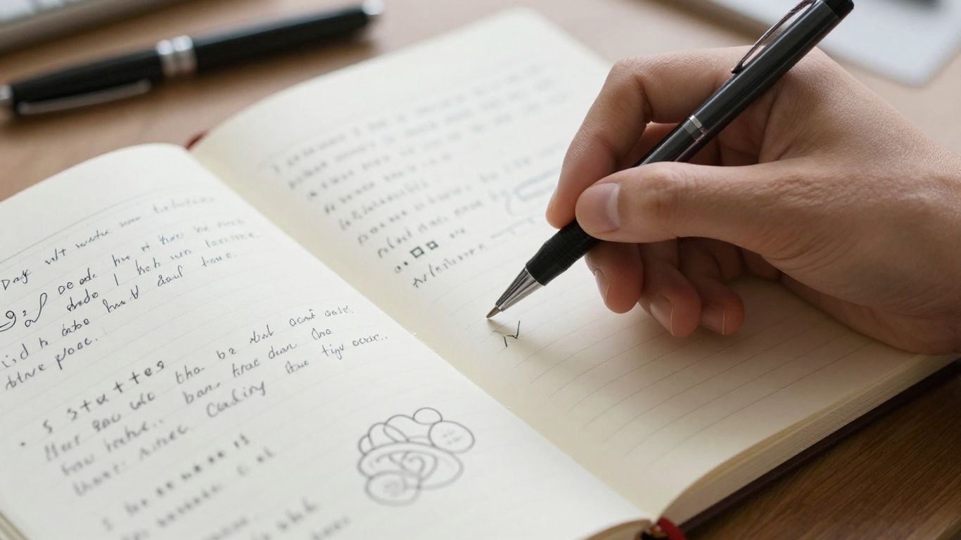 Forex trading journal template with pen and notebook.