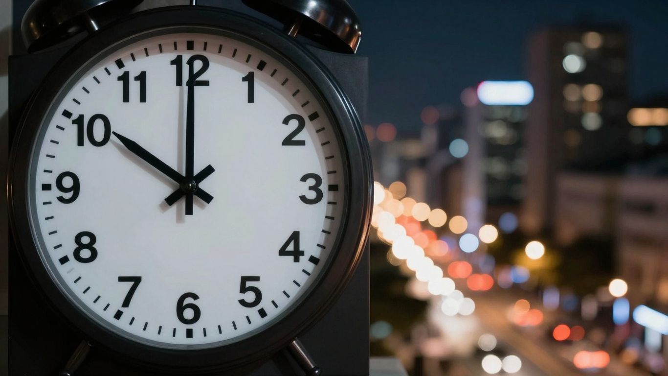 Clock showing late hours and a city at night.