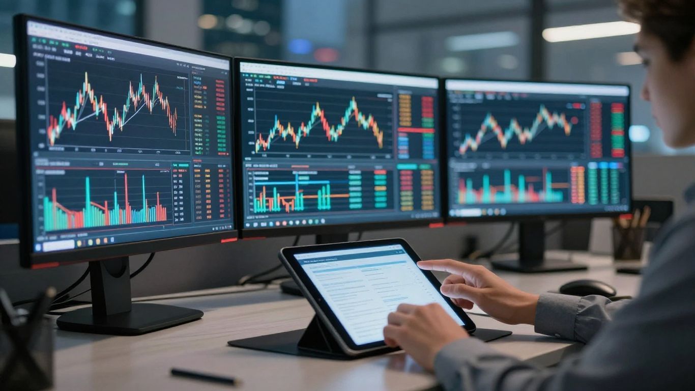 Saxo Bank trading desk with monitors and tablet.