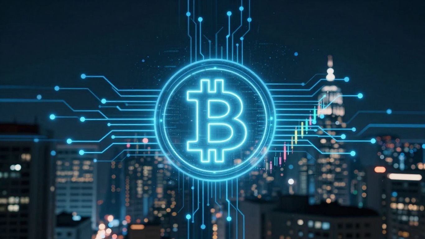 Crypto and technology advancements in a futuristic setting.