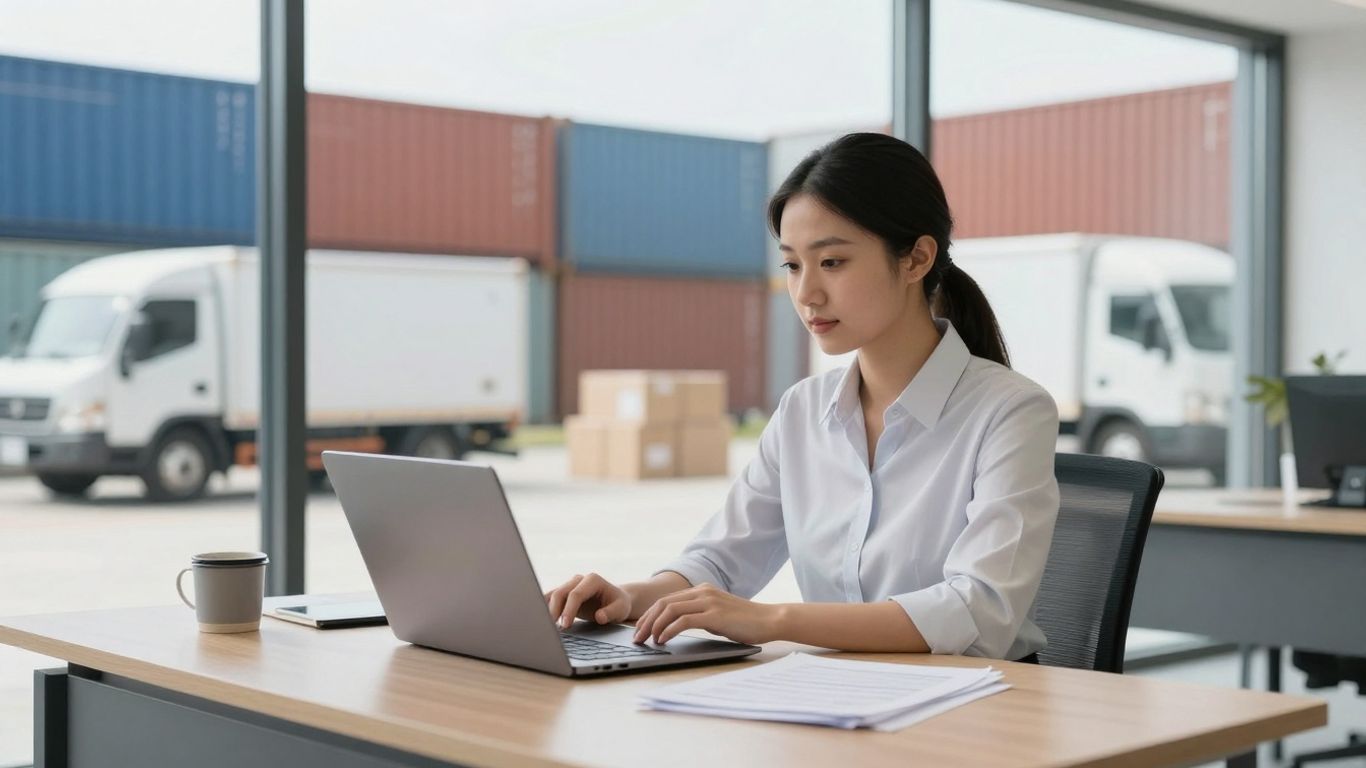 Truck freight broker business setup with desk and logistics background.