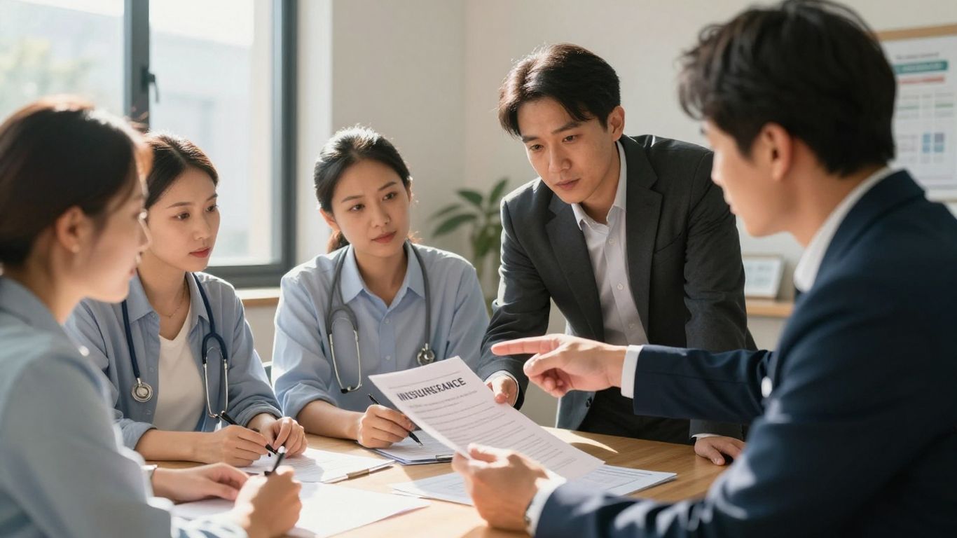 Broker guiding people through medical insurance options.