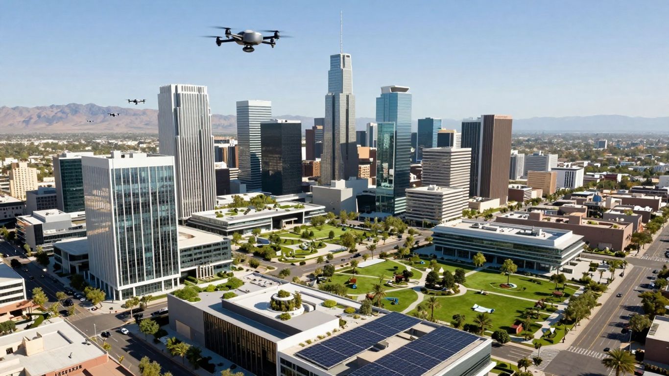 Futuristic smart city design in Arizona with modern architecture.