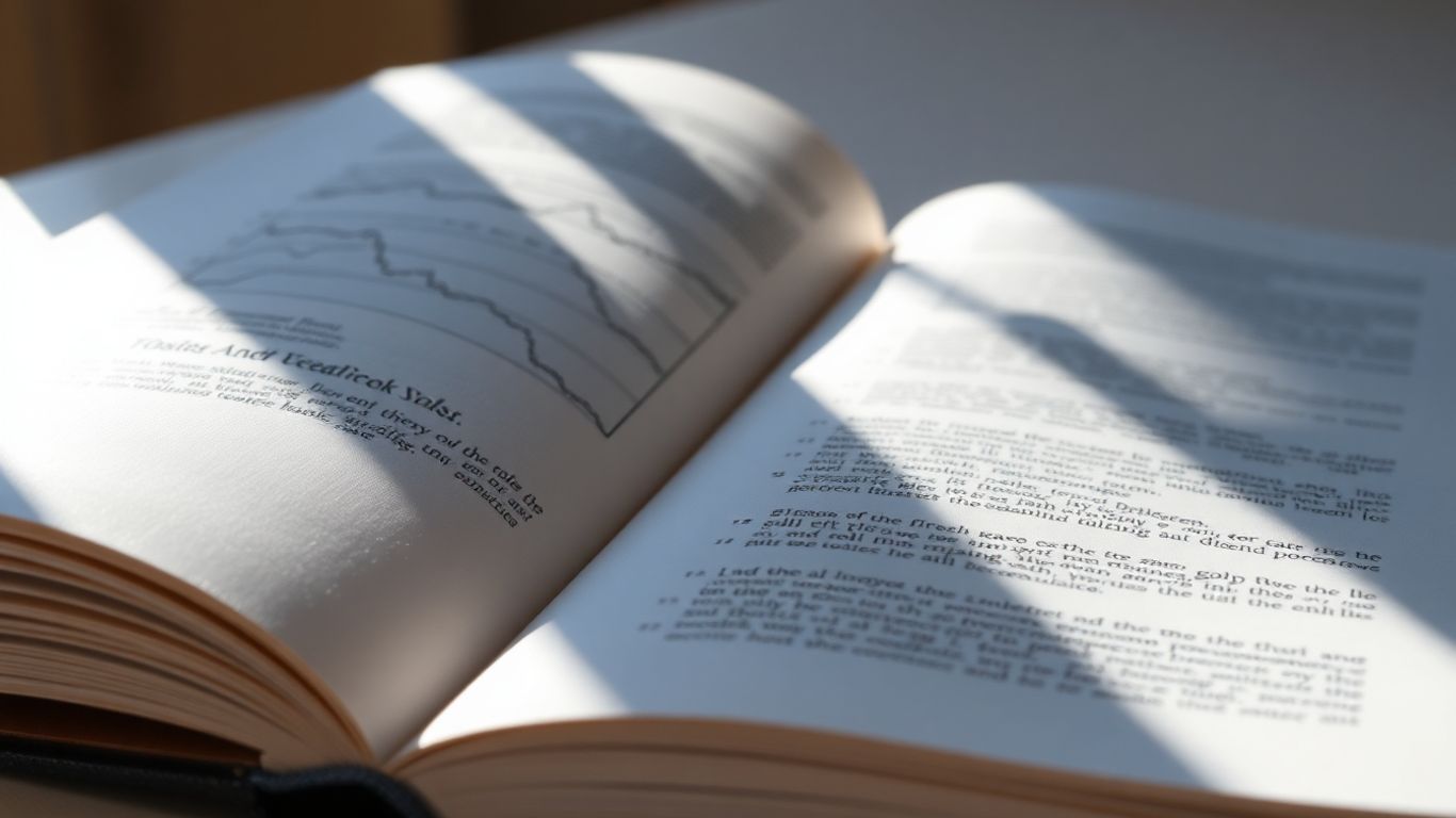 Open trading book with abstract financial patterns.