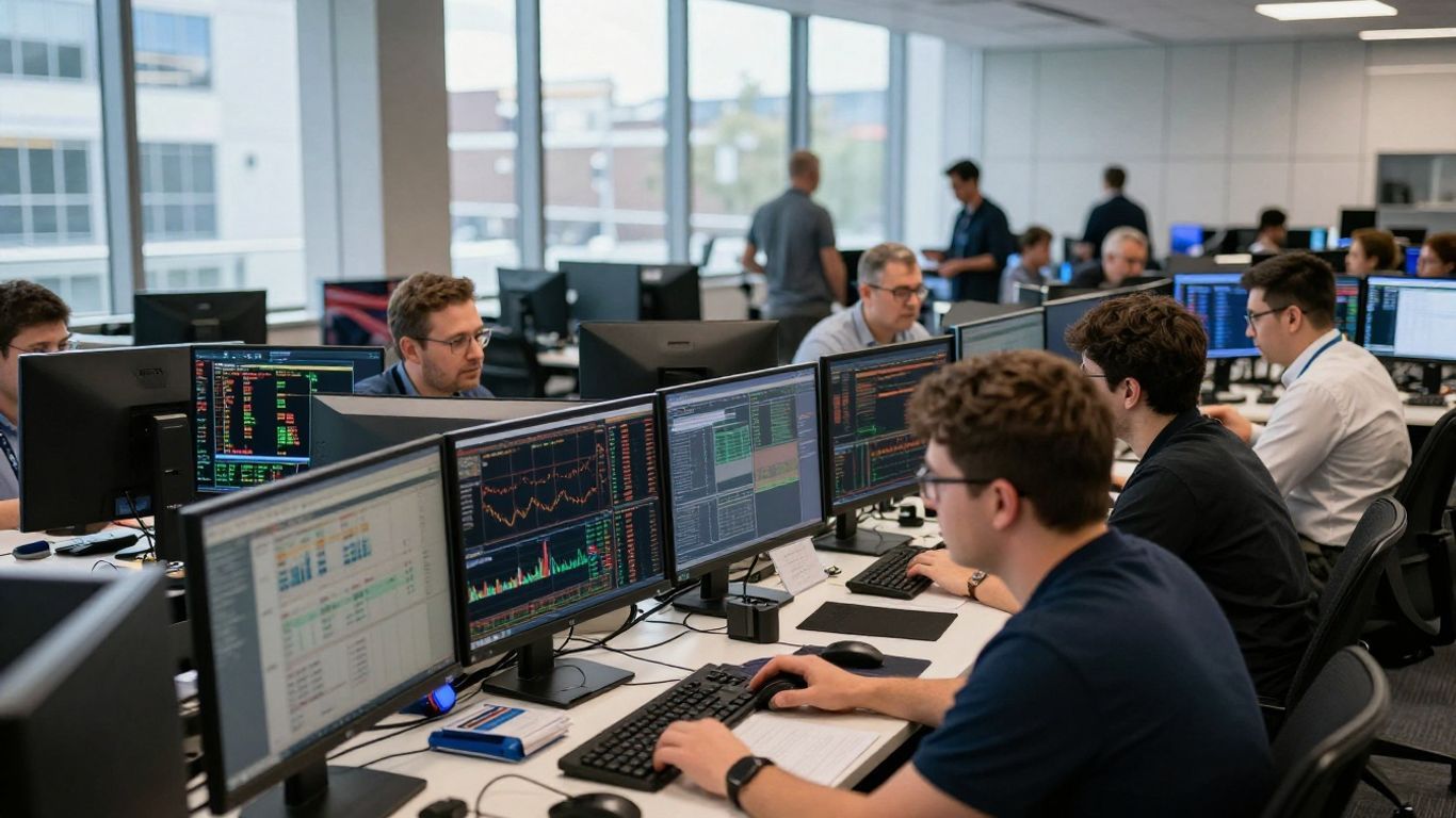 Forex trading floor with energetic traders and market screens.