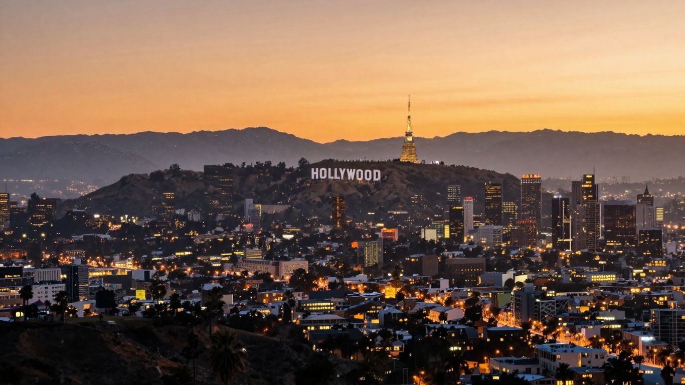 Los Angeles cityscape with Hollywood Hills at dusk.