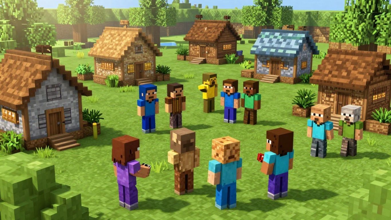 Minecraft village with villagers and houses.