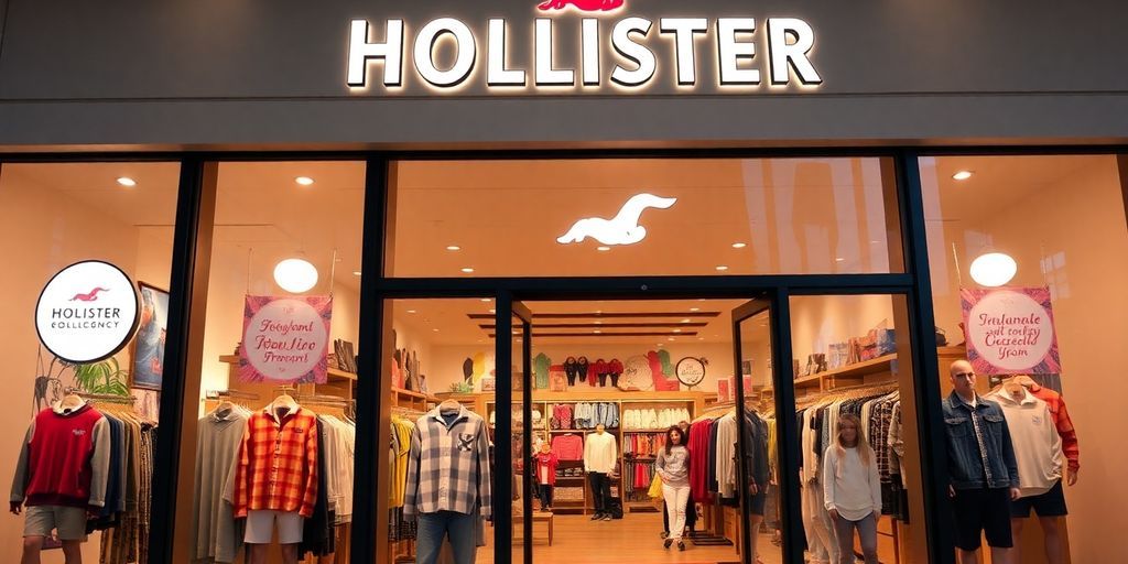 Exterior view of a Hollister store with clothing display.