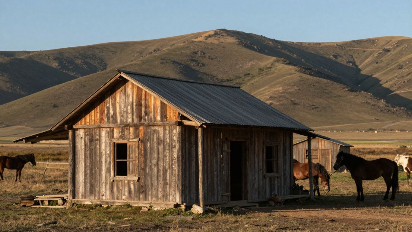 Historic wooden trading post building with horses in a scenic landscape.