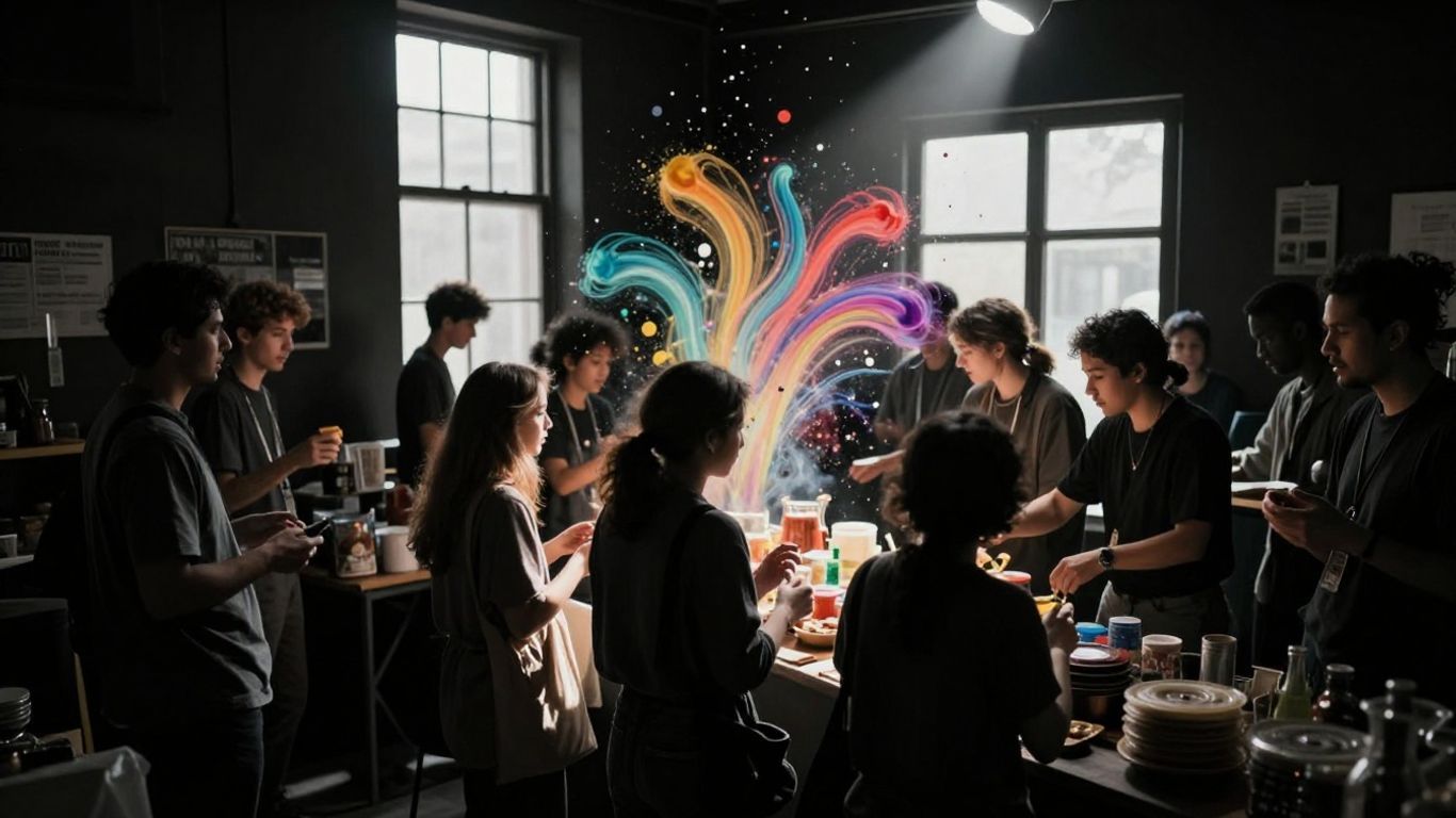 People trading goods with energetic light bursts.