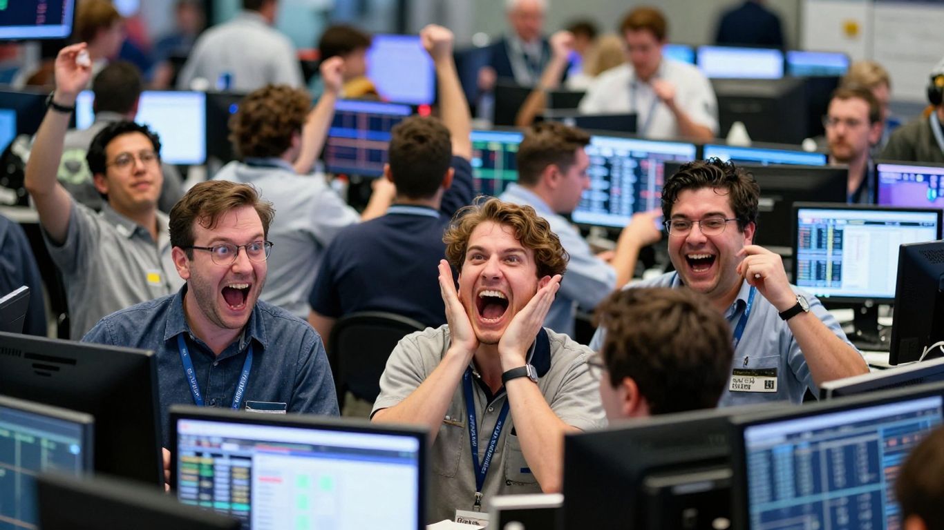 Humorous stock market traders laughing during trading.