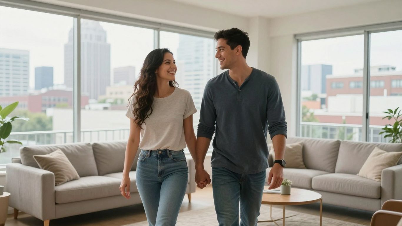 Couple happily touring a modern Atlanta apartment.