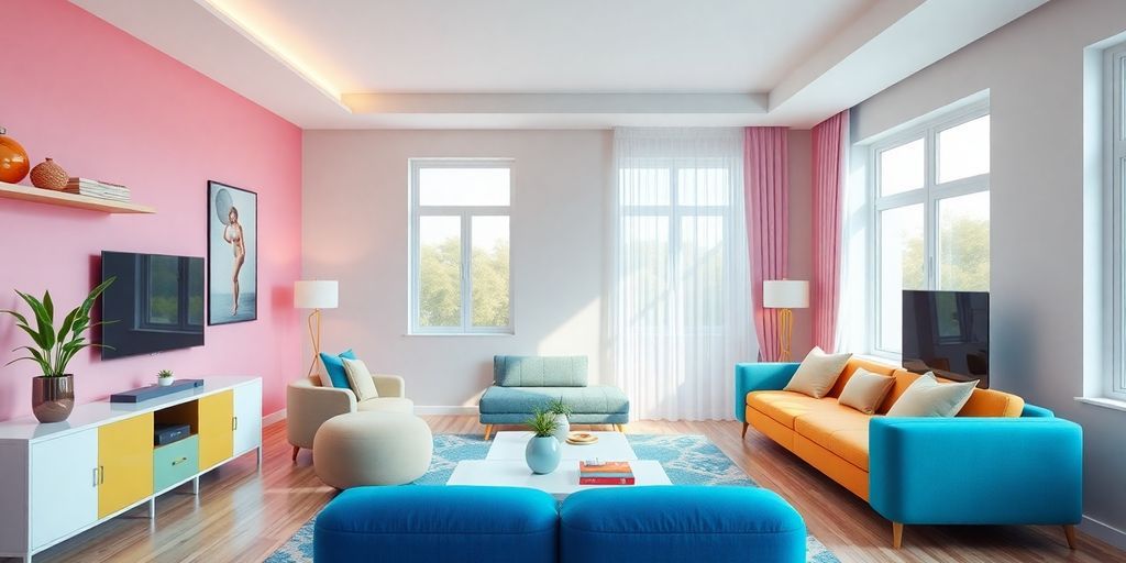 Modern interior design with vibrant colors and smart layouts.