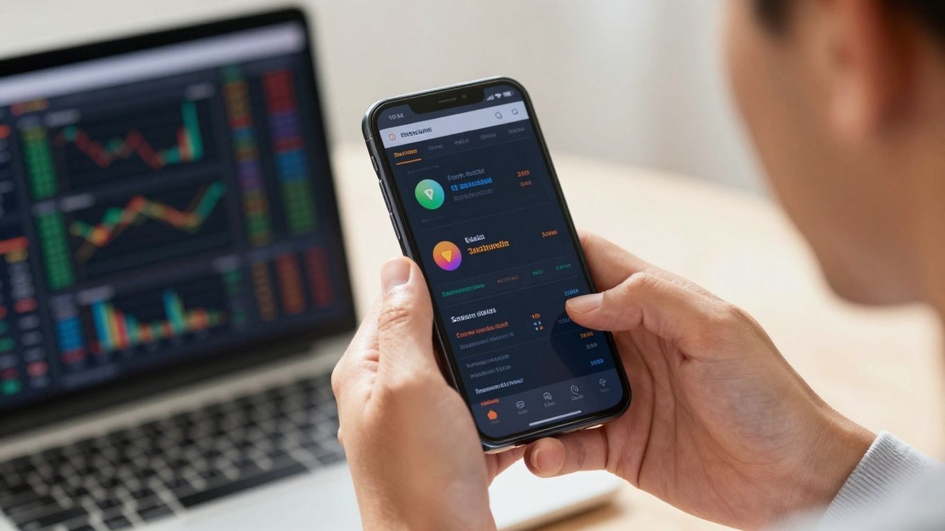 Hands holding a smartphone with a trading app.