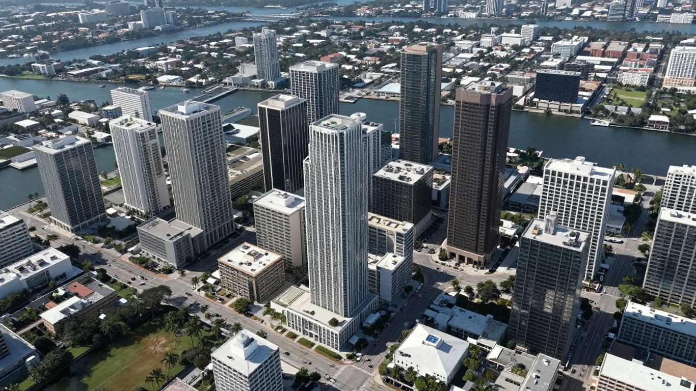 Aerial view of Florida cities with streets and waterways.