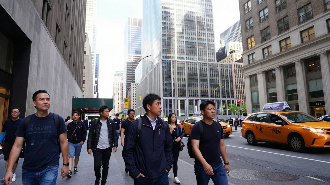 New York City skyline and street with people.