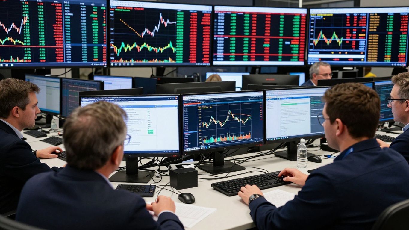 Forex trading floor with traders and currency data screens.