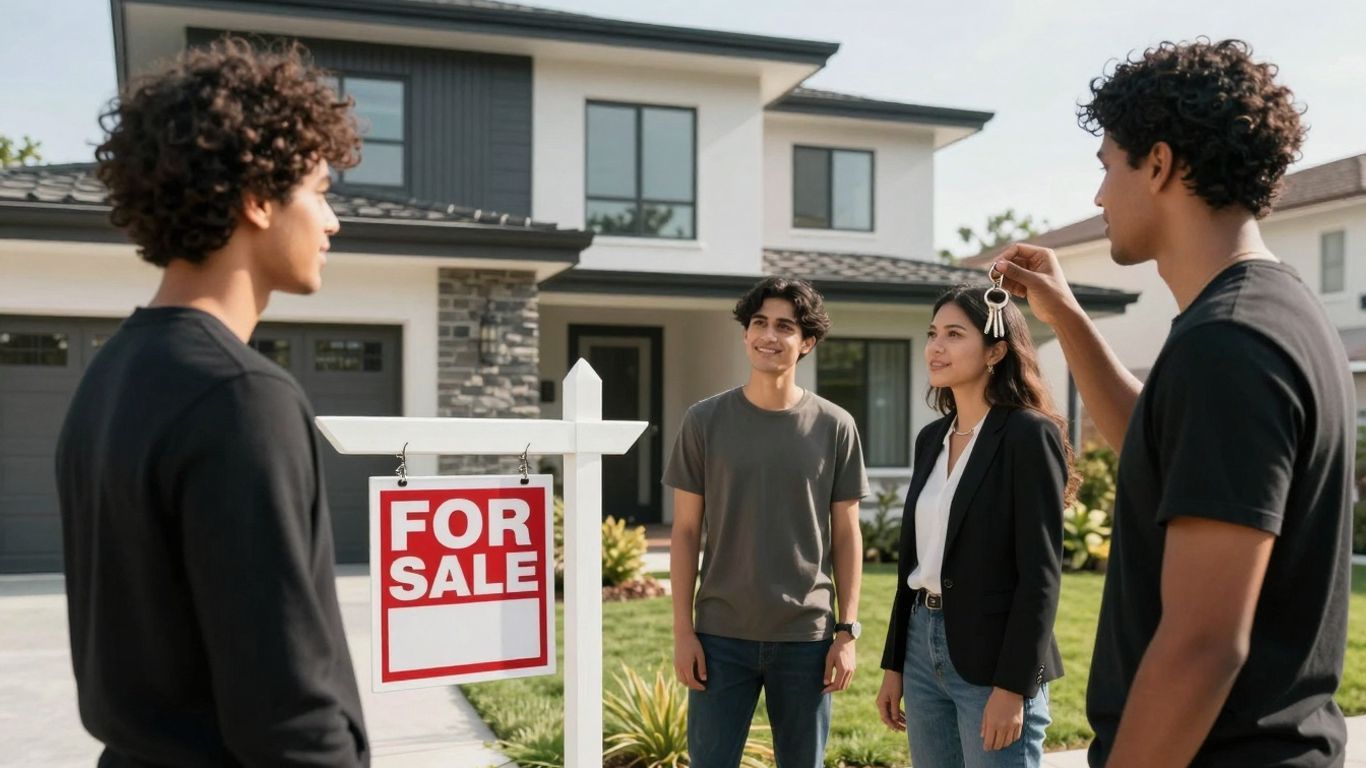 People viewing a modern house with keys.