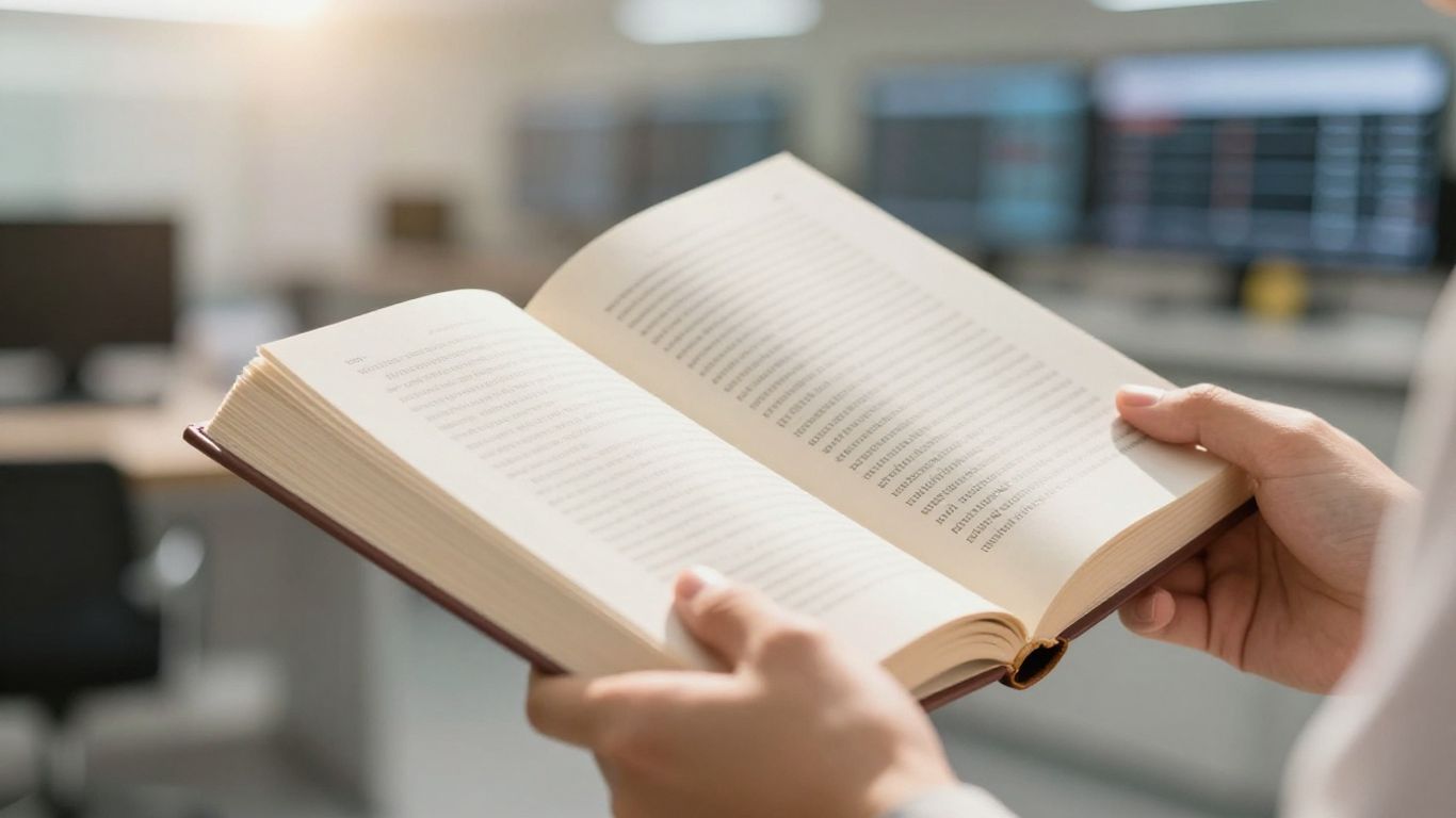 Hands holding an open book, learning to trade.