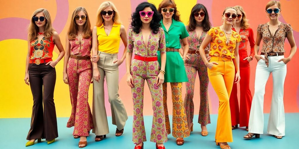Colorful 70s fashion with flared pants and bold patterns.