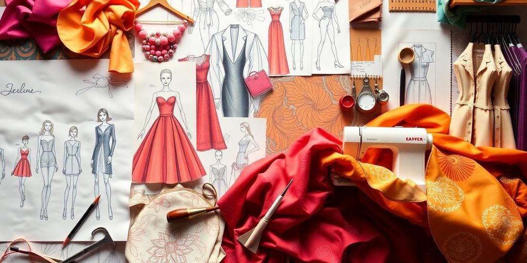Colorful fashion design elements and tools on a workspace.