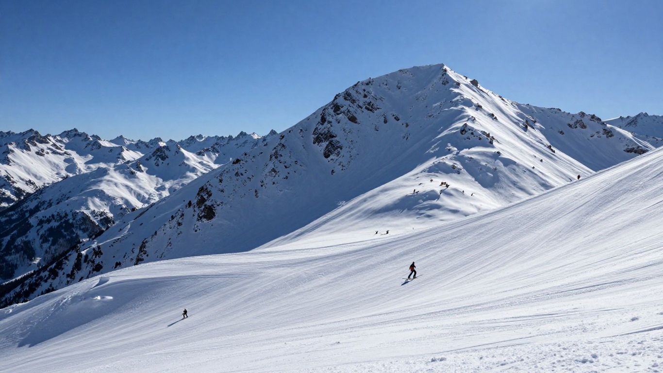 Snowy mountain slopes with skiers enjoying a sunny day.