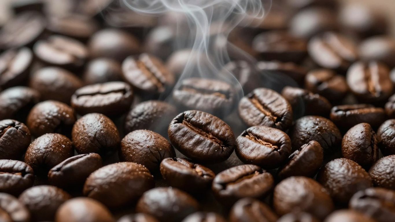 Close-up of freshly roasted coffee beans with steam.