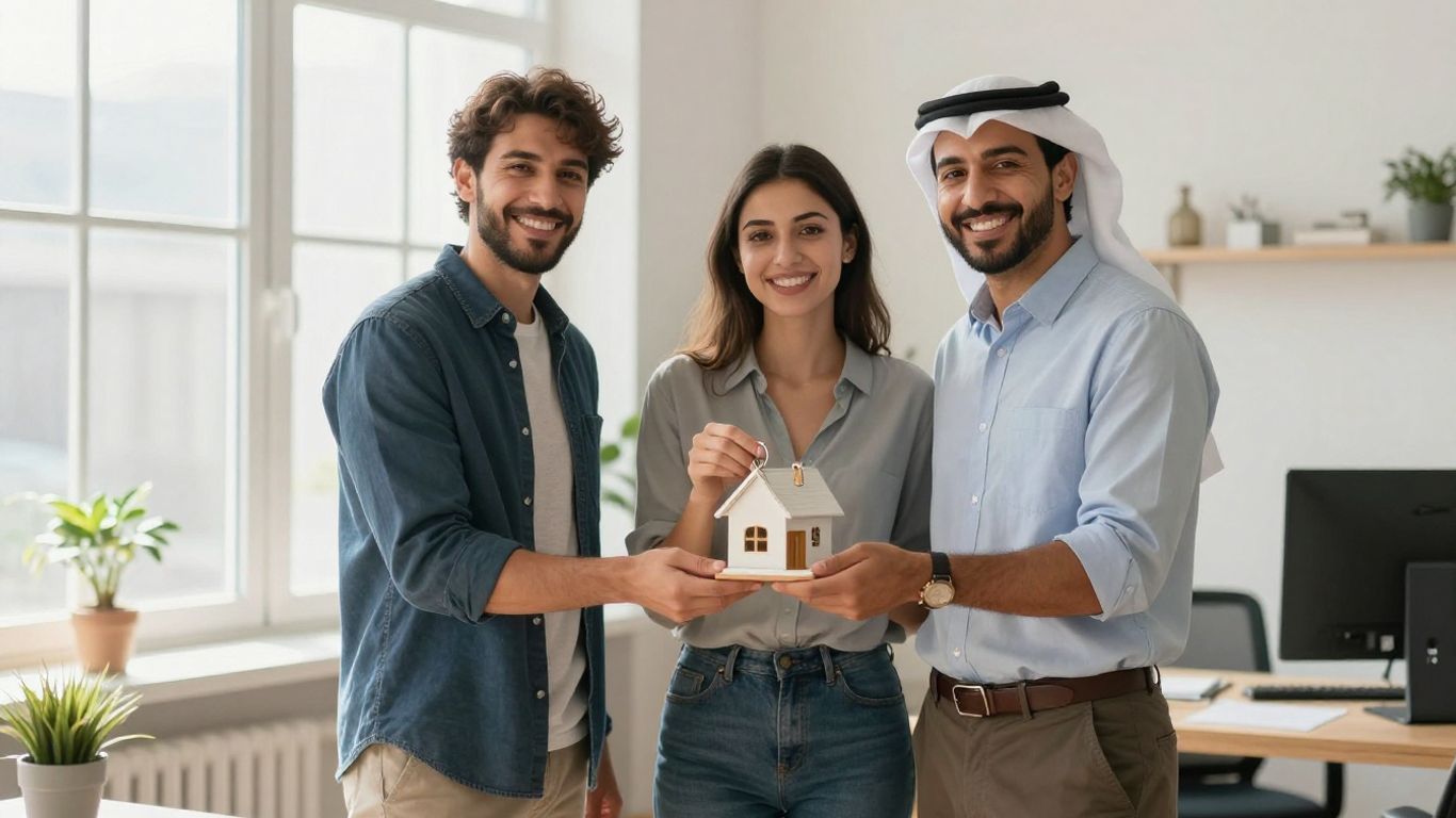 Mortgage broker with happy couple holding house keys.