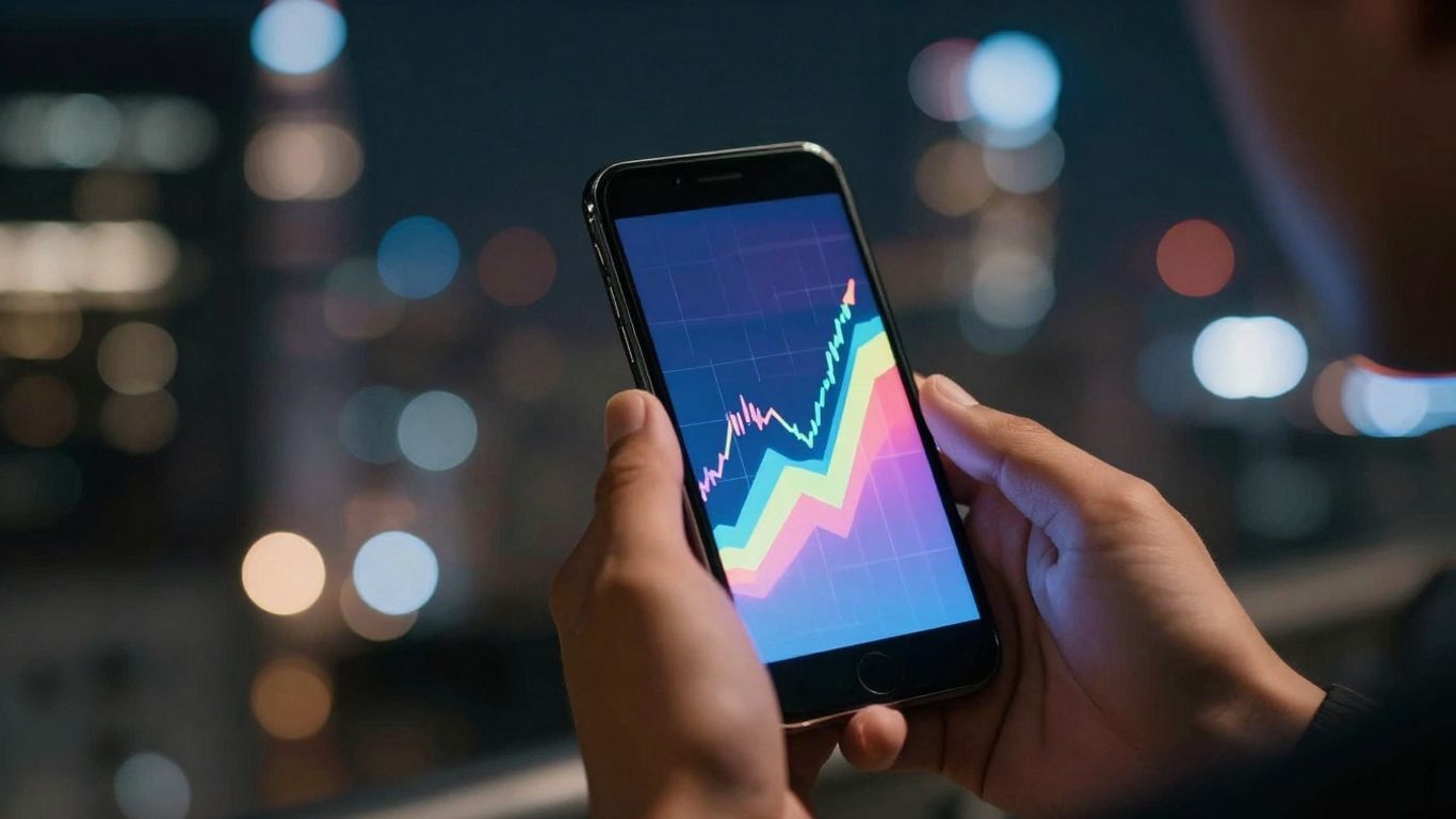 Forex trading strategy success with smartphone and city lights.