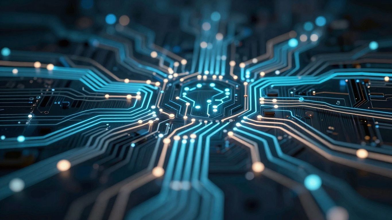 Abstract digital network of glowing circuits and nodes.