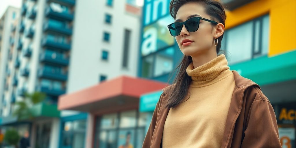 Model in sustainable fashion outfit in urban setting.