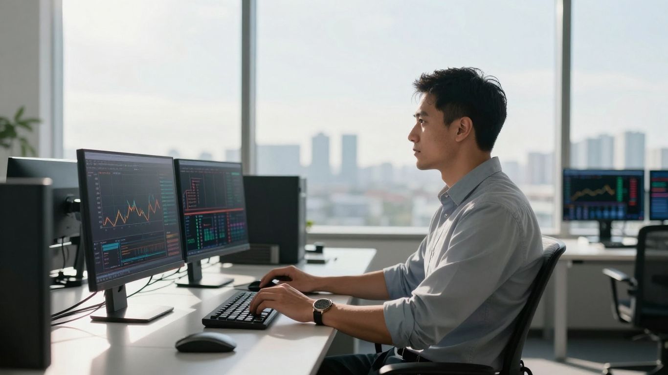 US Forex trader in modern office, looking towards financial horizon.
