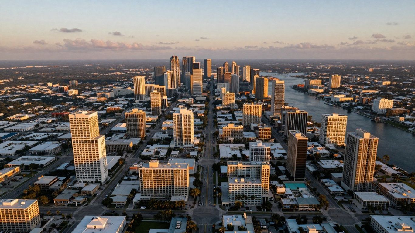 Aerial view of a Florida city at sunset.