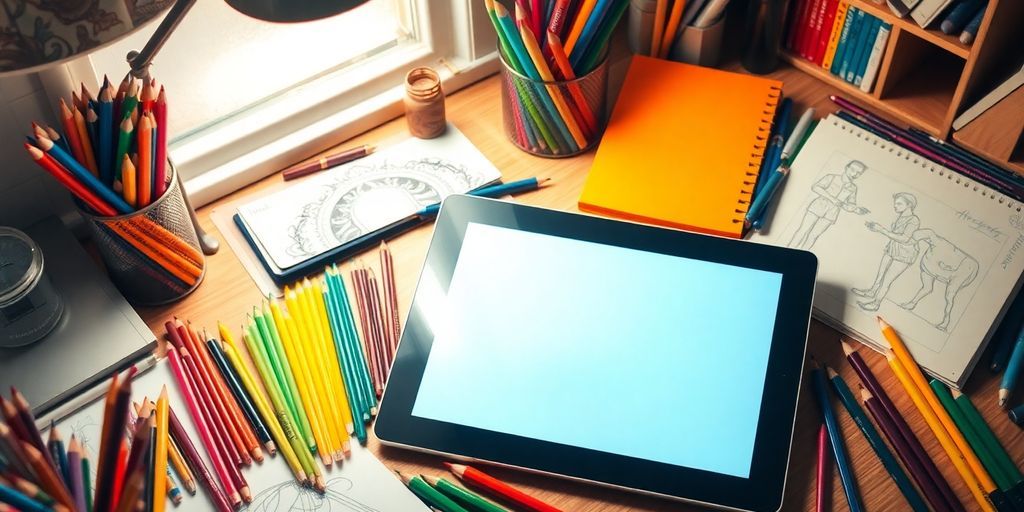Colorful drawing tools on a cozy artist's desk.