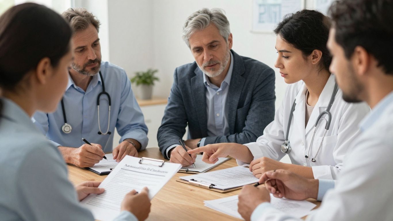 People reviewing medical insurance options with a broker.