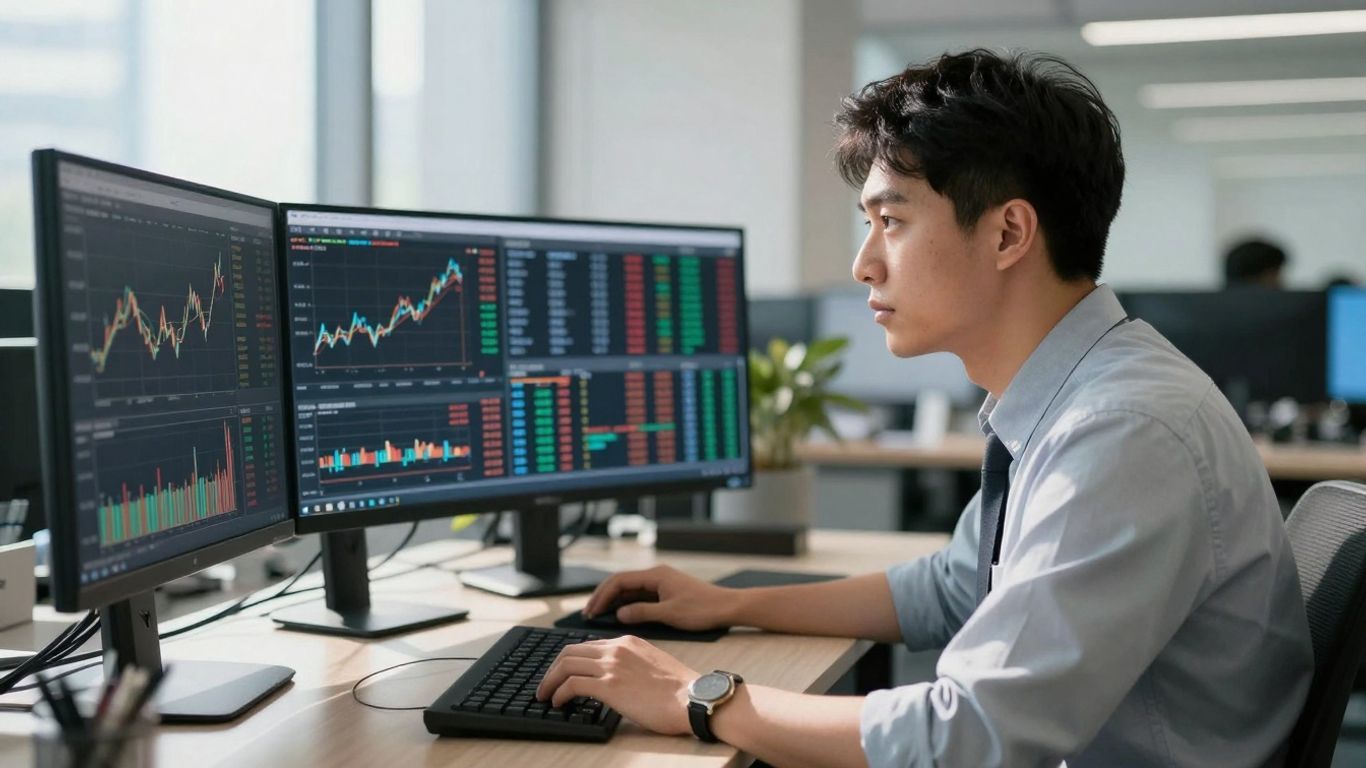 Trader focused on financial data on multiple screens.