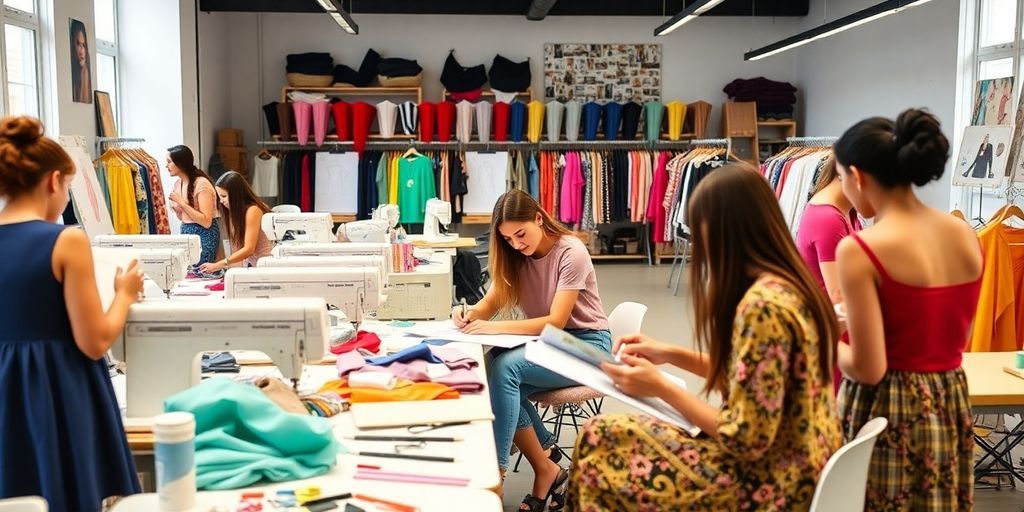 Colorful fashion design classroom with students and materials.