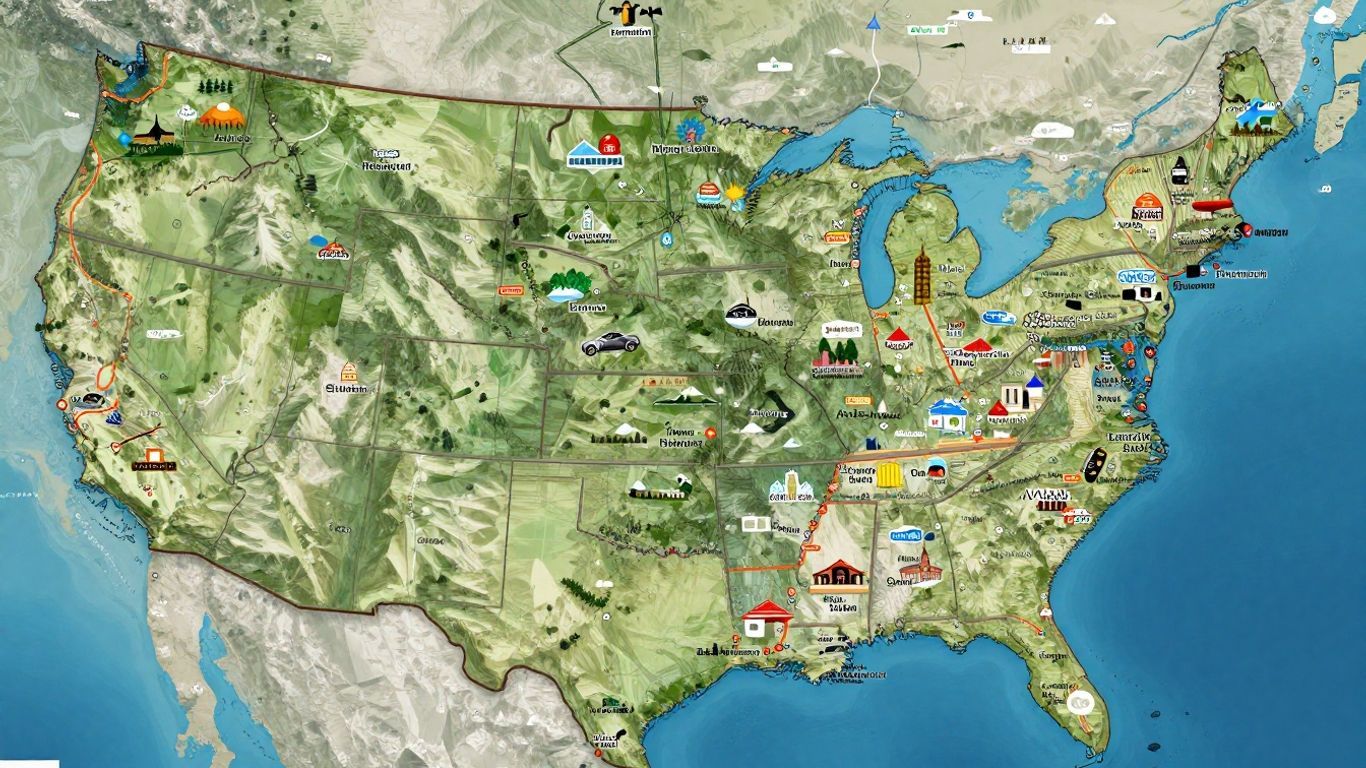 Map of USA with cities and travel routes.