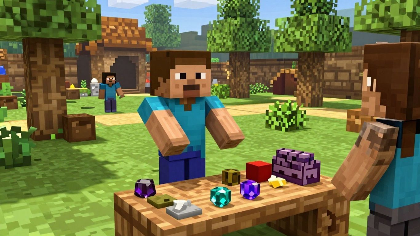 Minecraft villager trading emeralds for goods.