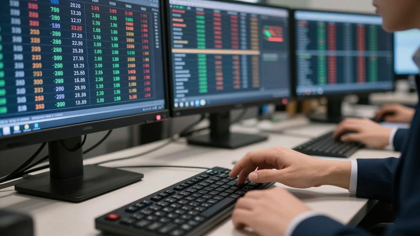 Forex trading desk with currency exchange rates on monitors.