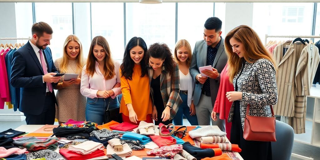 Diverse fashion professionals collaborating in a modern workspace.
