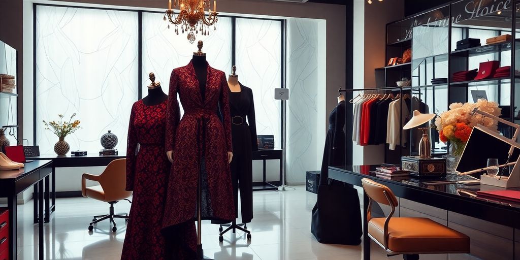 Stylish fashion studio with elegant garments and accessories.