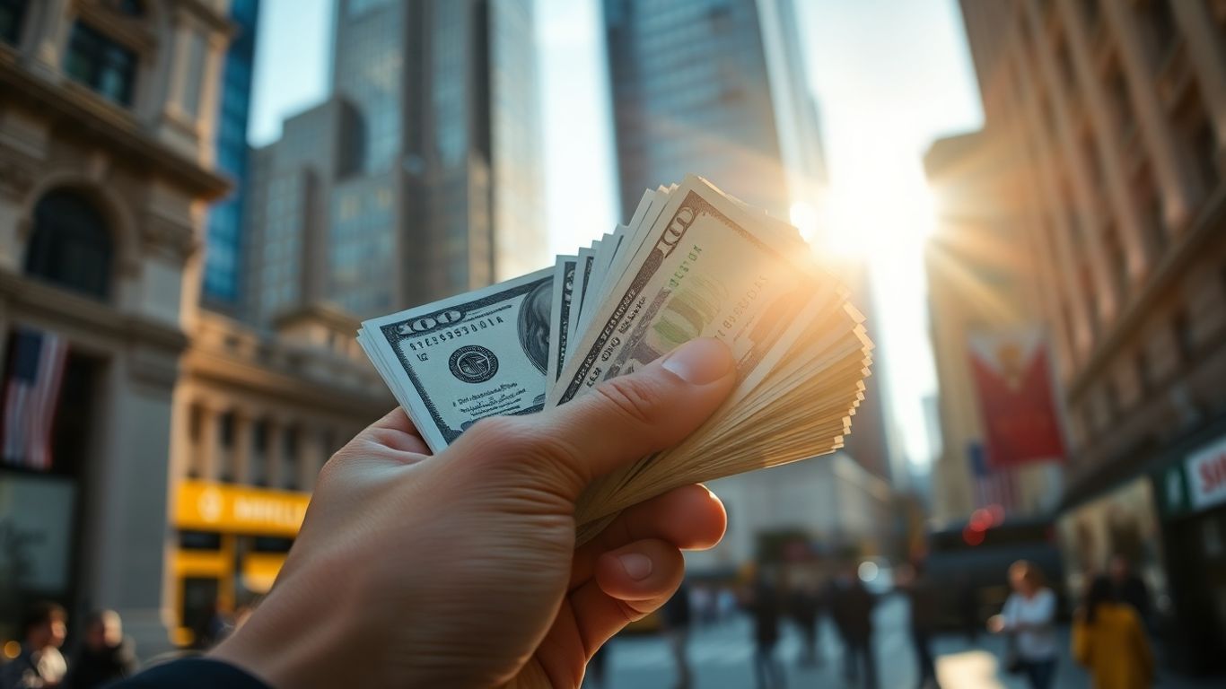Stack of money with financial district background.